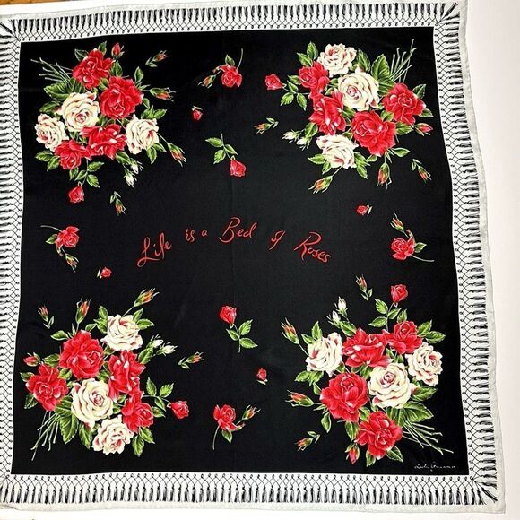 Lulu Guinness Silk Scarf “Life is a Bed of Roses” Black Floral Print Hand Rolled - Picture 2 of 13